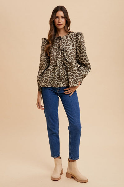 Chic Leopard Print Peplum Blouse with Tied Front and Round Neck