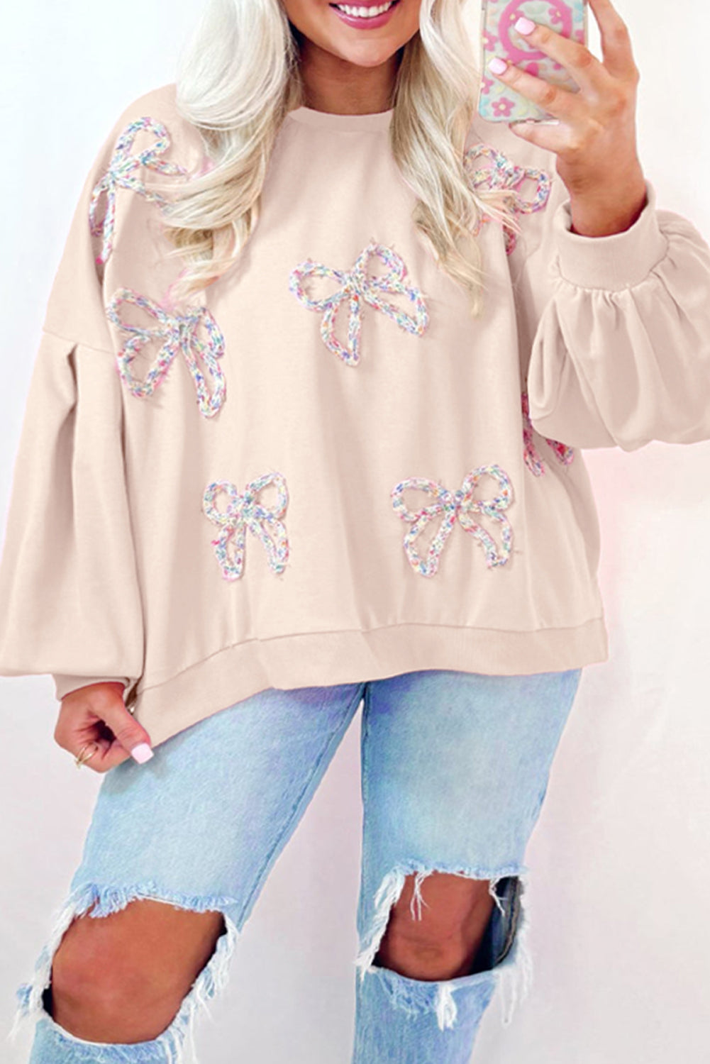 Chic Bow Round Neck Long Sleeve Sweatshirt in Soft Pink