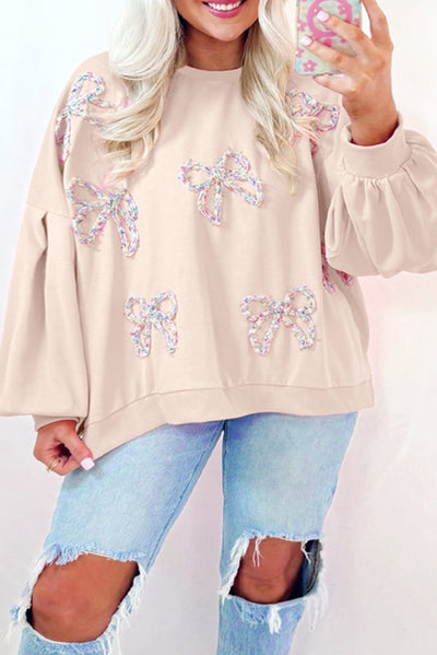 Chic Bow Round Neck Long Sleeve Sweatshirt in Soft Pink