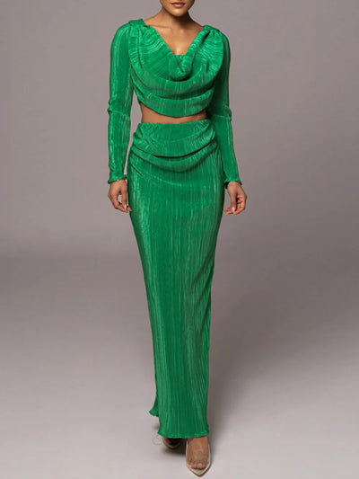 Ruched Cowl Neck Top and Maxi Skirt Set