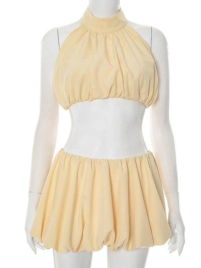 Button Back Halter Crop Top and Shorts Set