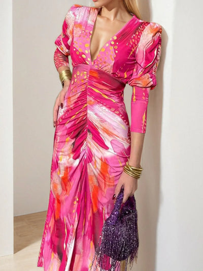 Ruched Front V-Neck Long Sleeve Maxi Dress