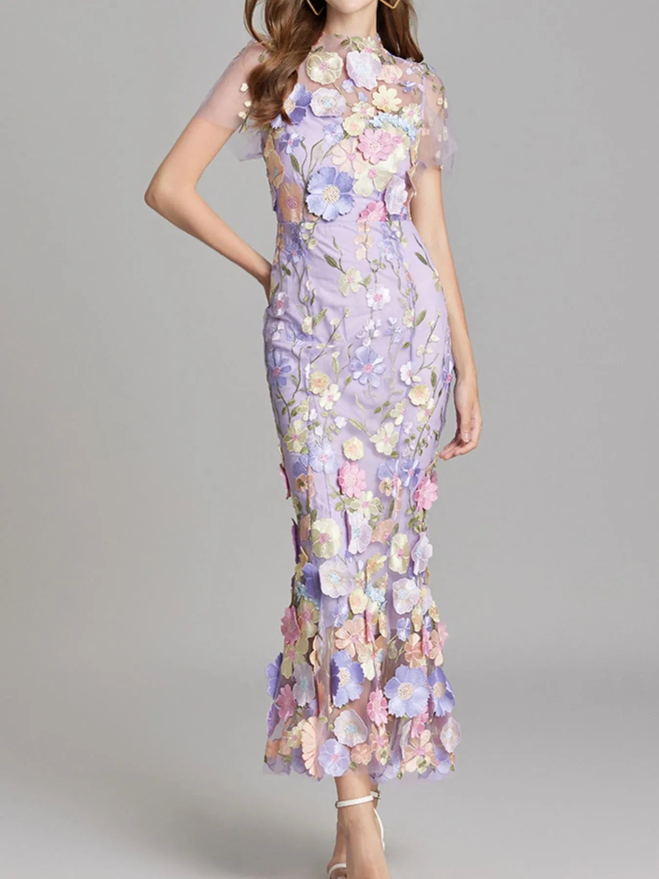 Floral Embroidered Mesh Overlay Maxi Dress