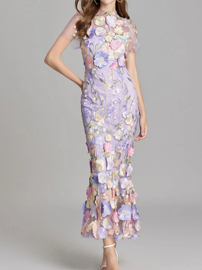 Floral Embroidered Mesh Overlay Maxi Dress