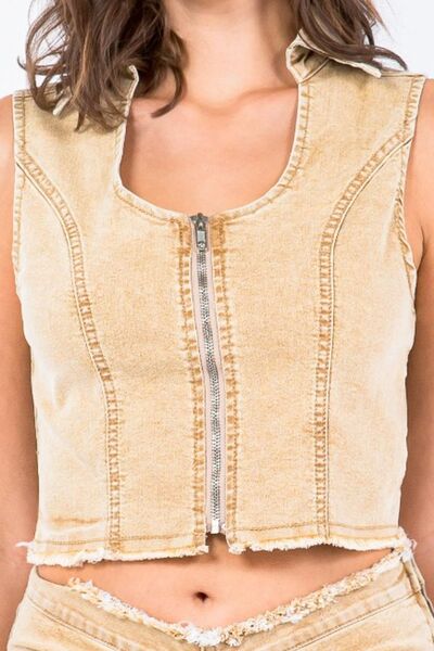 Trendy Women's Washed Crop Denim Vest with Zip Closure