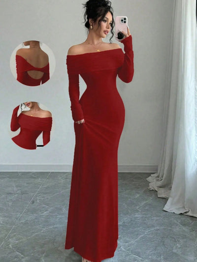 Off-Shoulder Long Sleeve Bodycon Maxi Dress