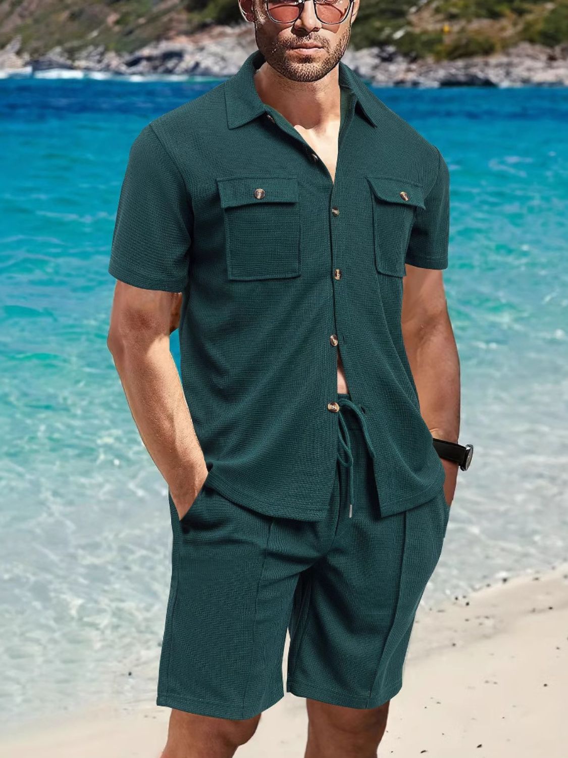 Men's Full Size Button Down Short Sleeve Top and Shorts Set Plus Size for Summer Style