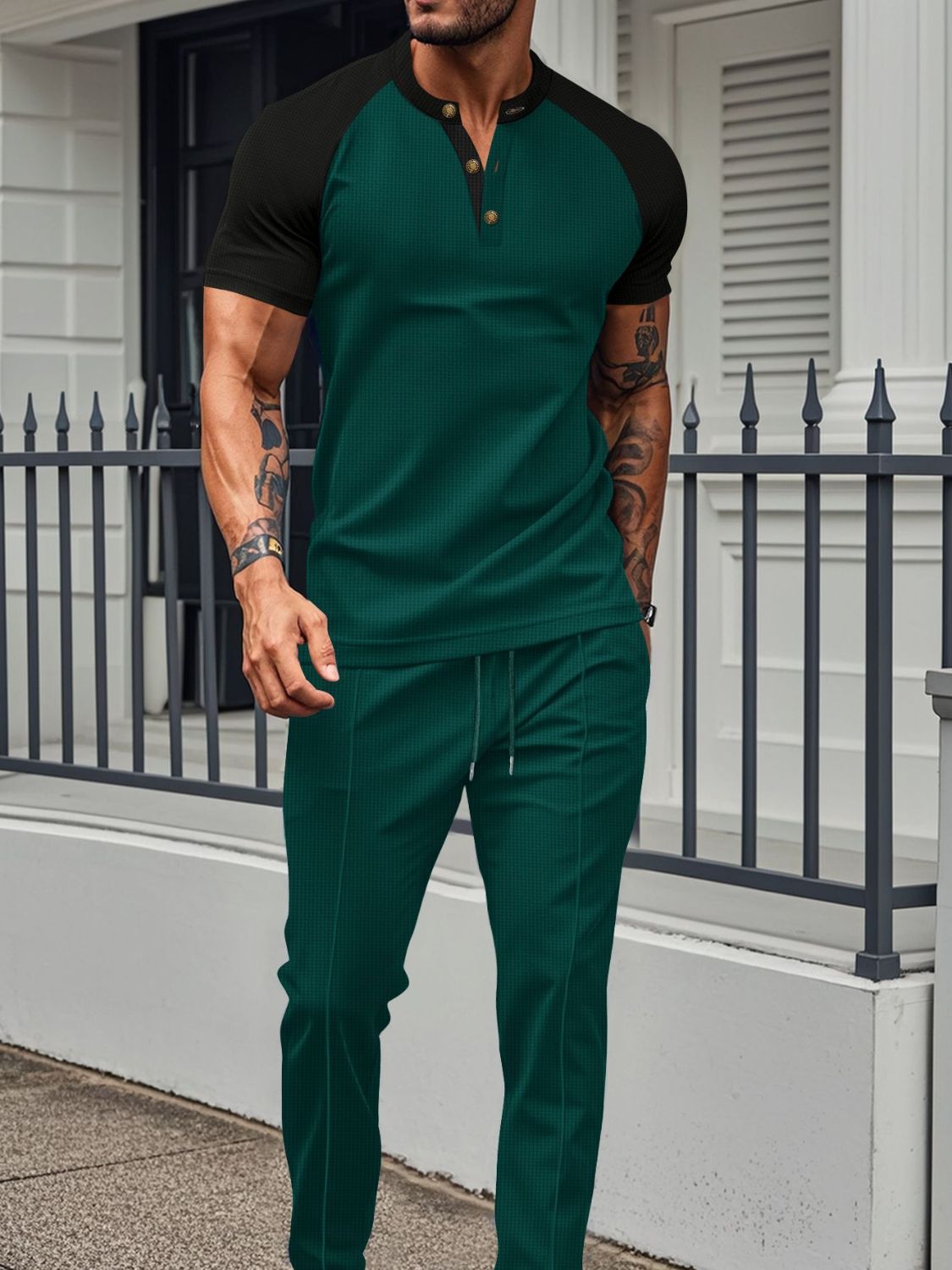 Men's Full Size Waffle-Knit Contrast Top and Drawstring Pants Set Plus Size