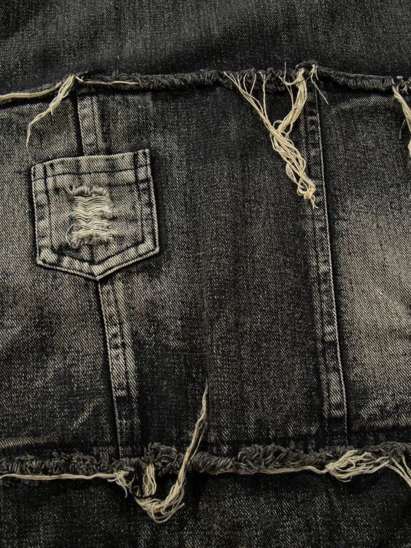 Men's Distressed Denim Patchwork Oversized Hoodie with Frayed Details