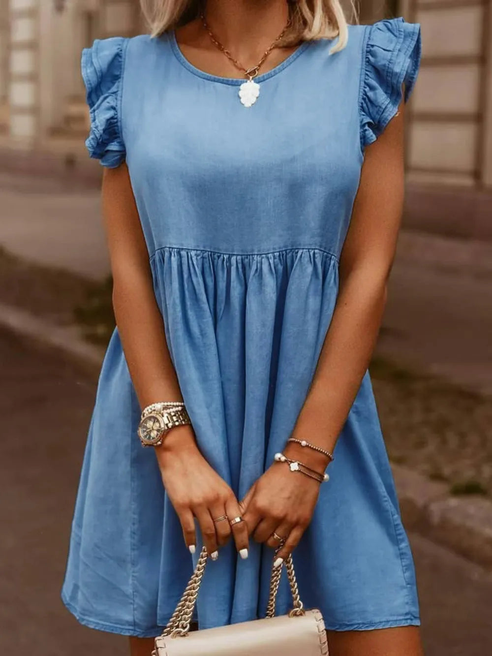 Ruffled Round Neck Cap Sleeve Denim Dress