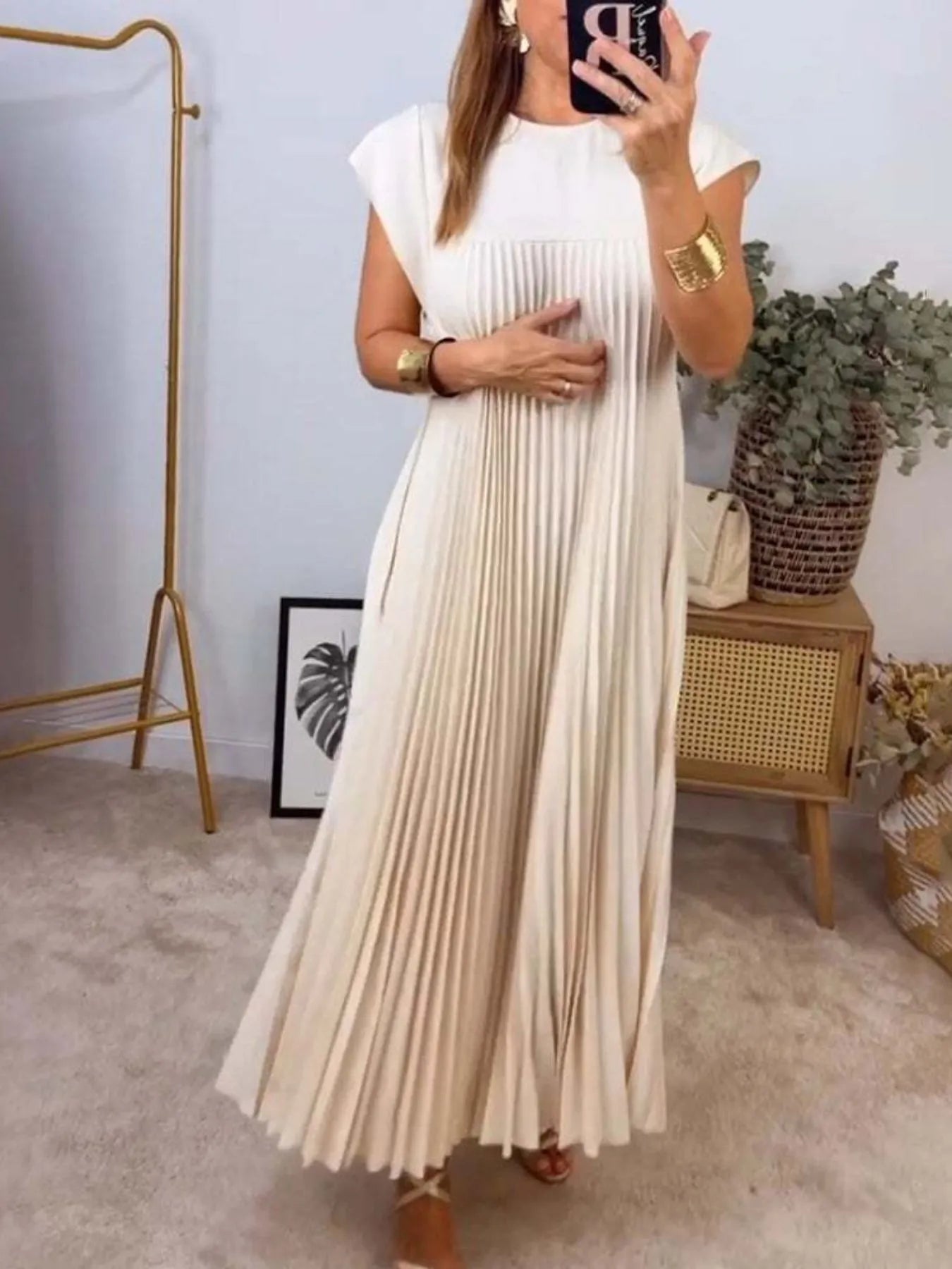 Full Size Pleated Round Neck Maxi Dress Plus Size