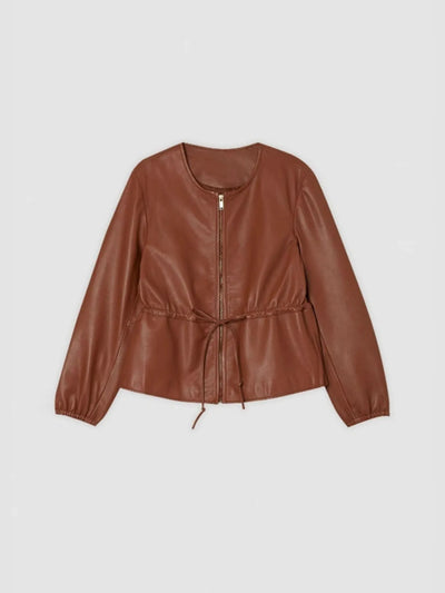 Drawstring Zip Up Leather Jacket