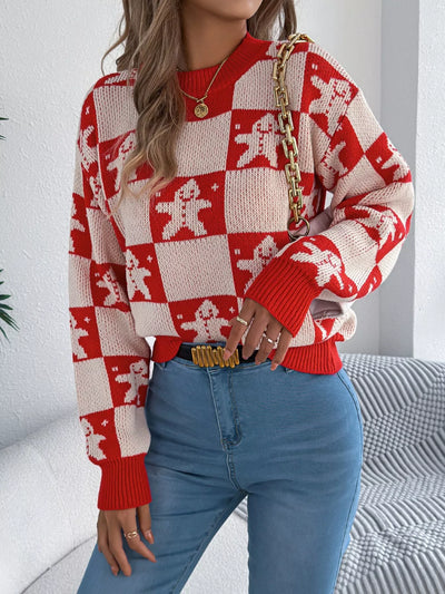 Christmas Checkerboard Gingerbread Round Neck Sweater