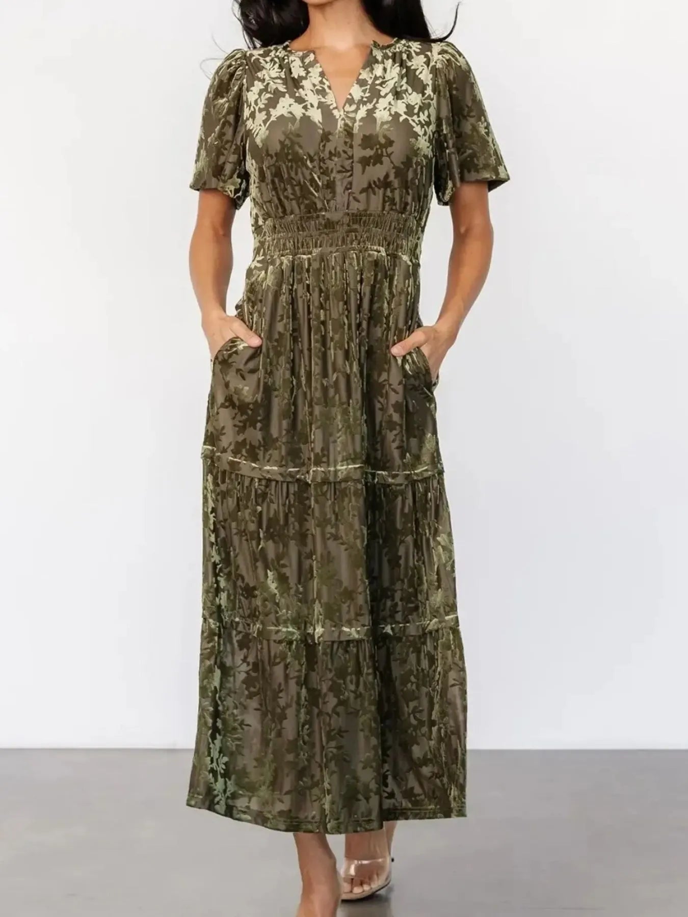 Notched Short Sleeve Tiered Dress