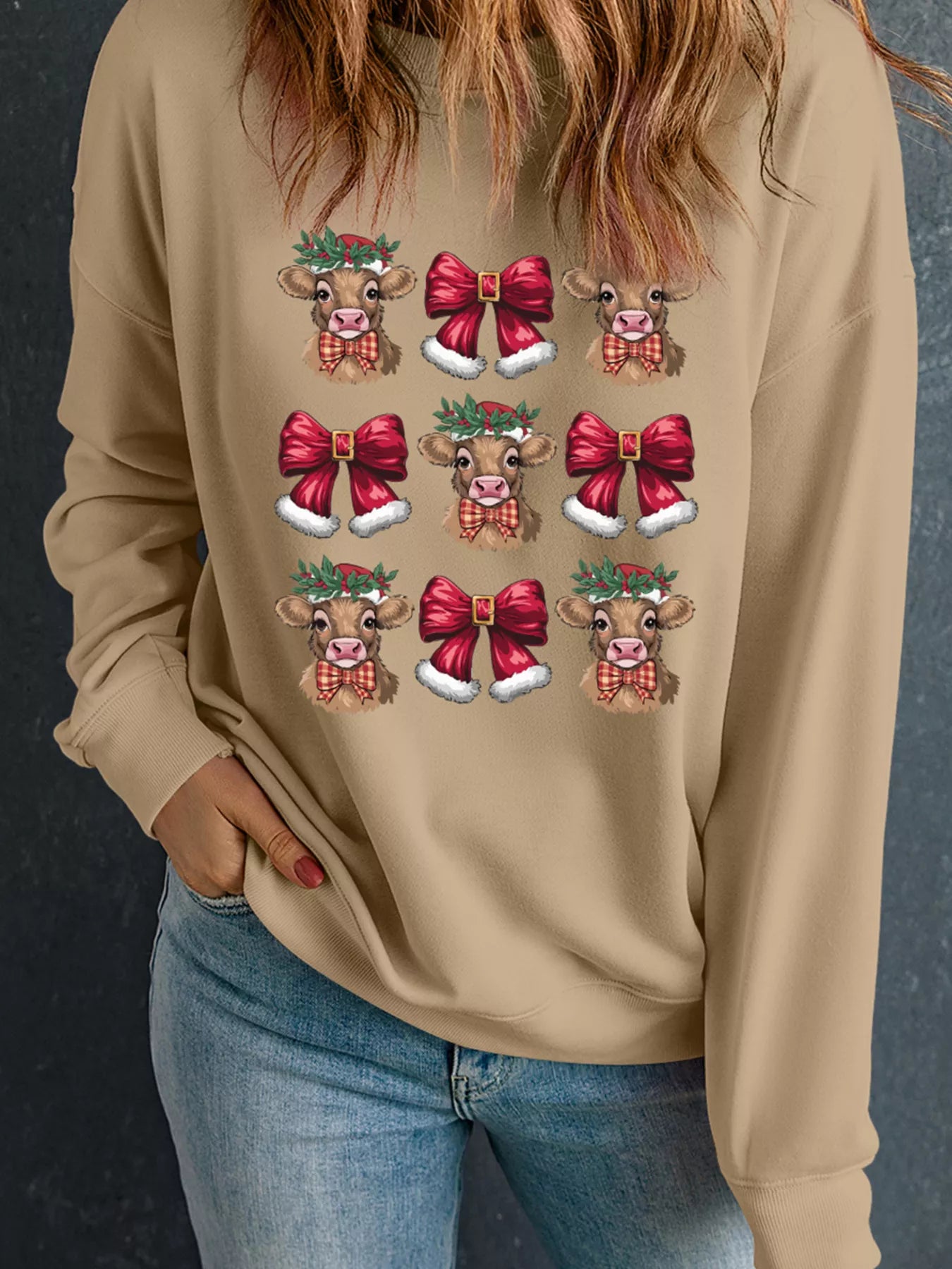 Christmas Heifer Bow Knot Print Casual Sweatshirt