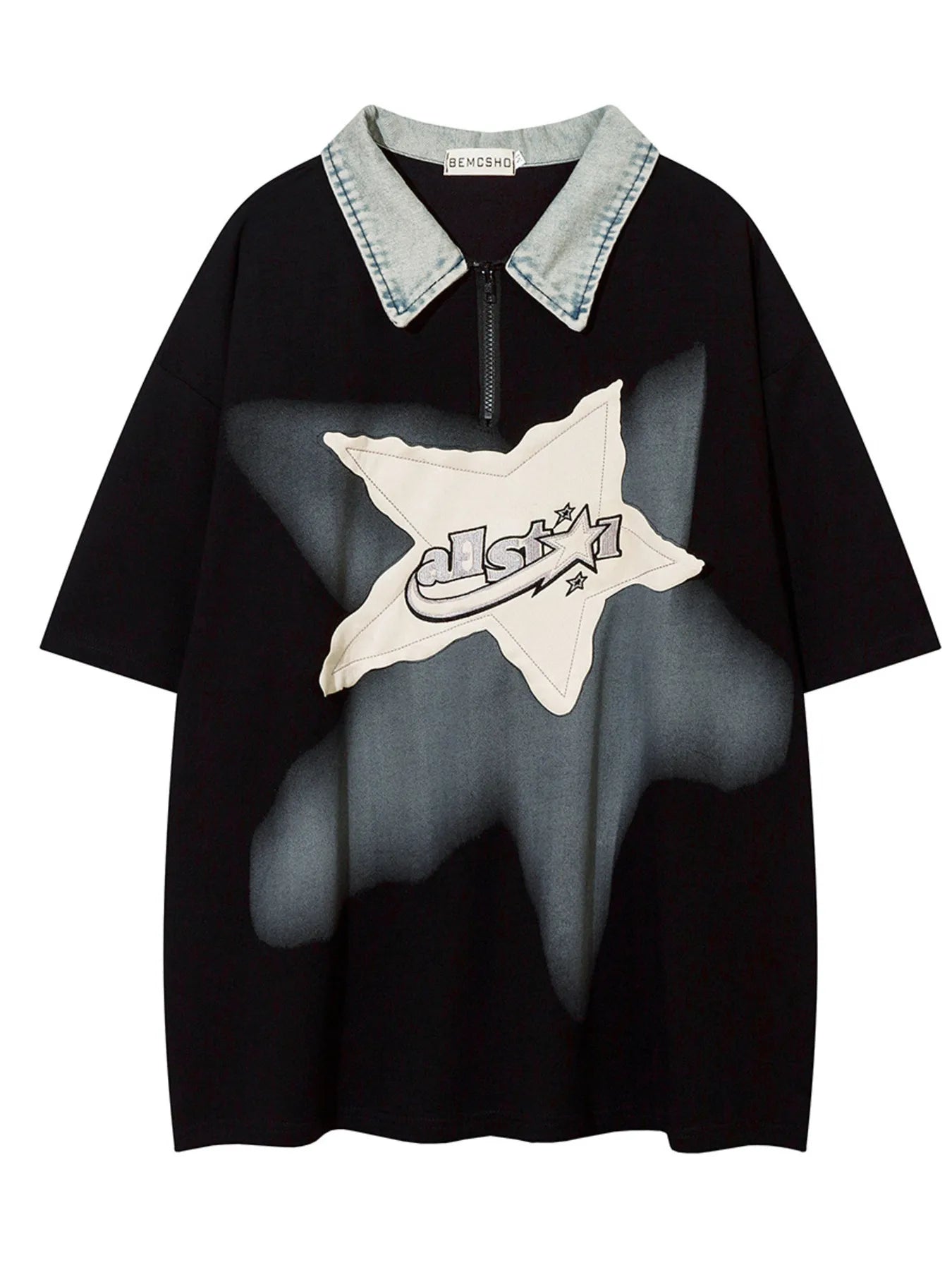 Men's Denim Collar Star Patch Short Sleeve Polo