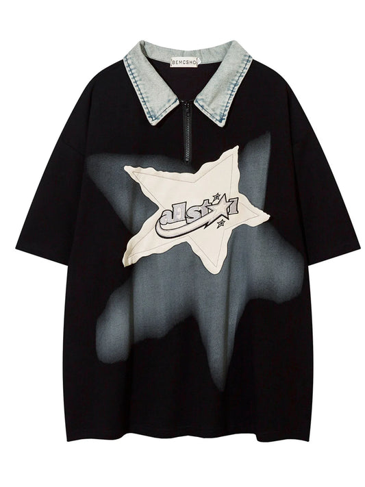 Men's Denim Collar Star Patch Short Sleeve Polo