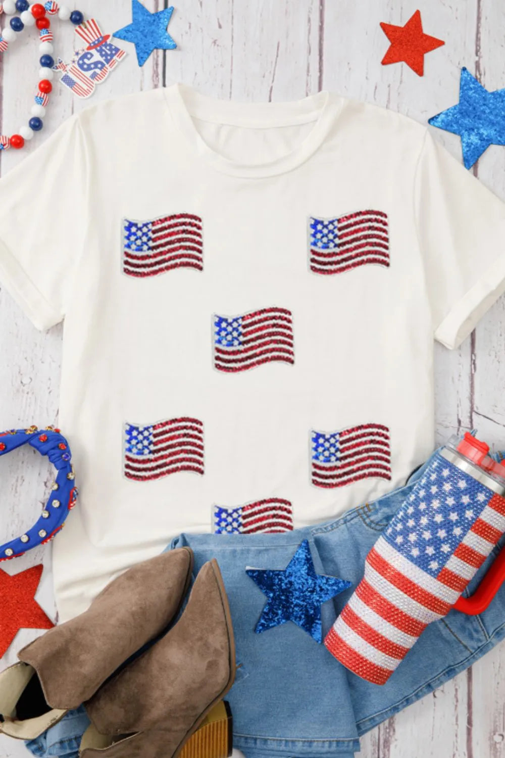 Sequin American Flag Patched Casual T Shirt