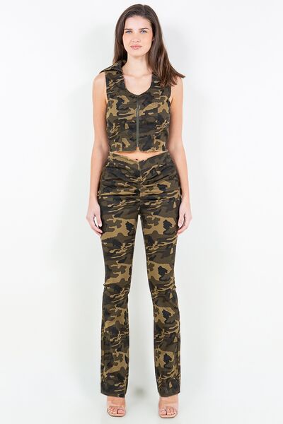 Stylish V-Cut Ruched Camo Flare Pants with Trendy Design