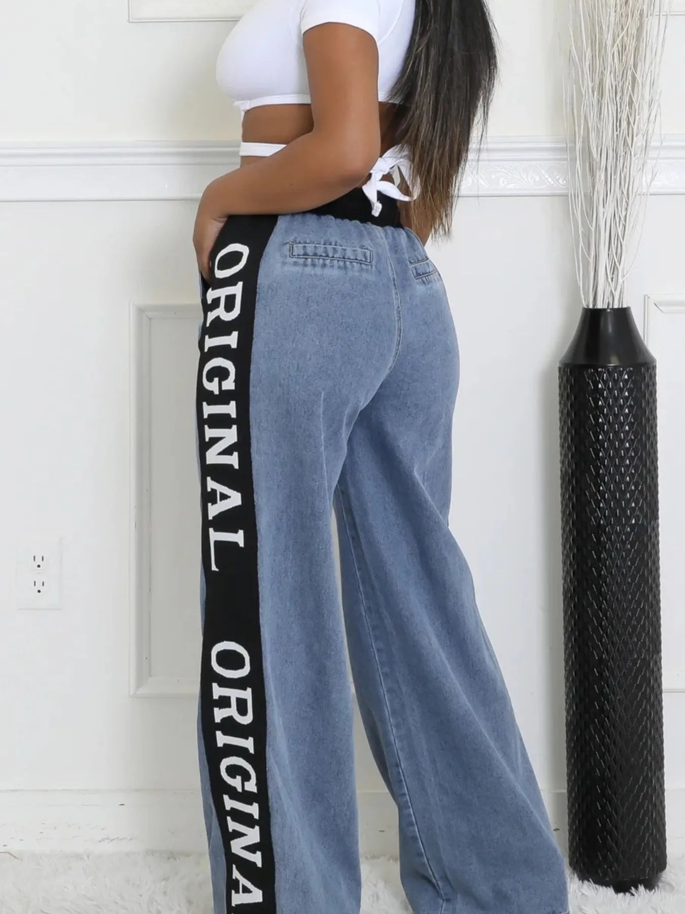 High Waist Wide Leg Denim Jeans with Side Letter Print