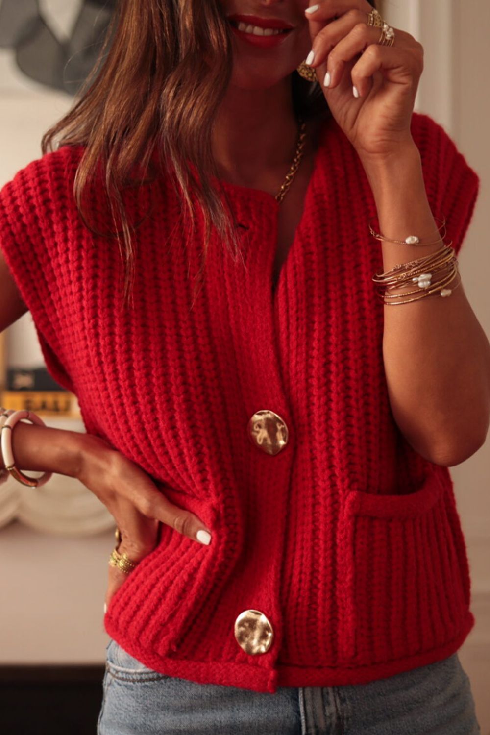 Casual Chunky Knit Button Down Acrylic Sweater Vest