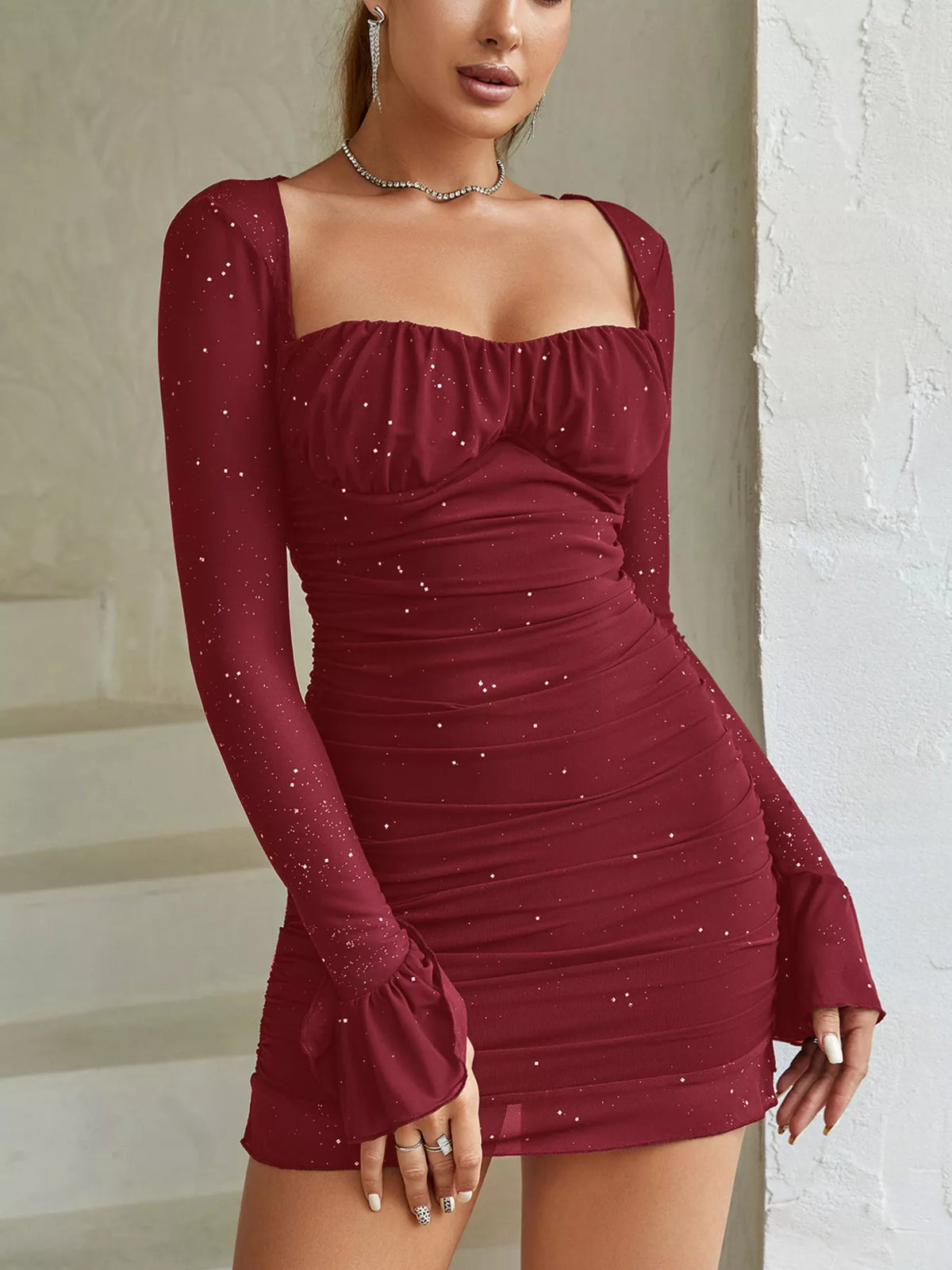 Ruched Glitter Bodycon Mini Dress