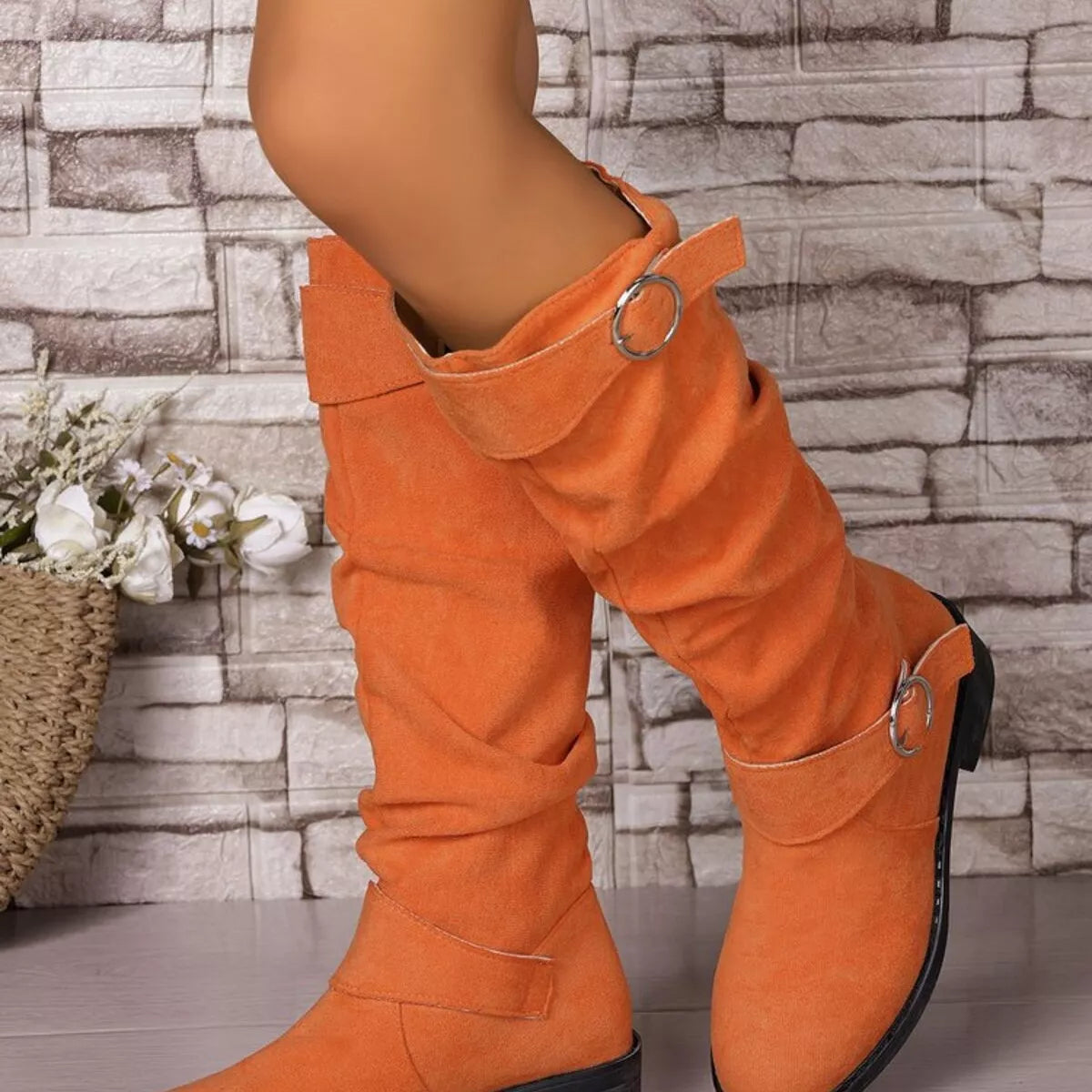 Block Heel Boots with Buckle Detail