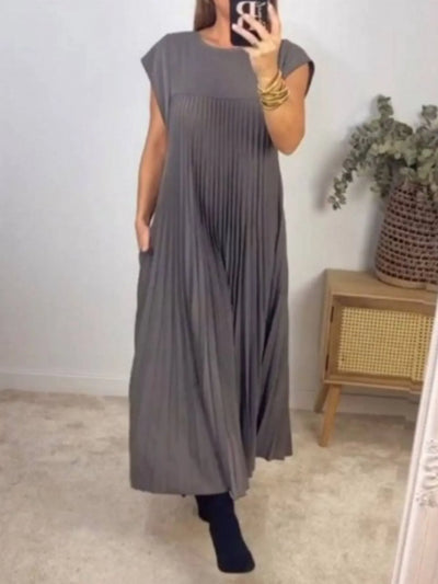 Full Size Pleated Round Neck Maxi Dress Plus Size