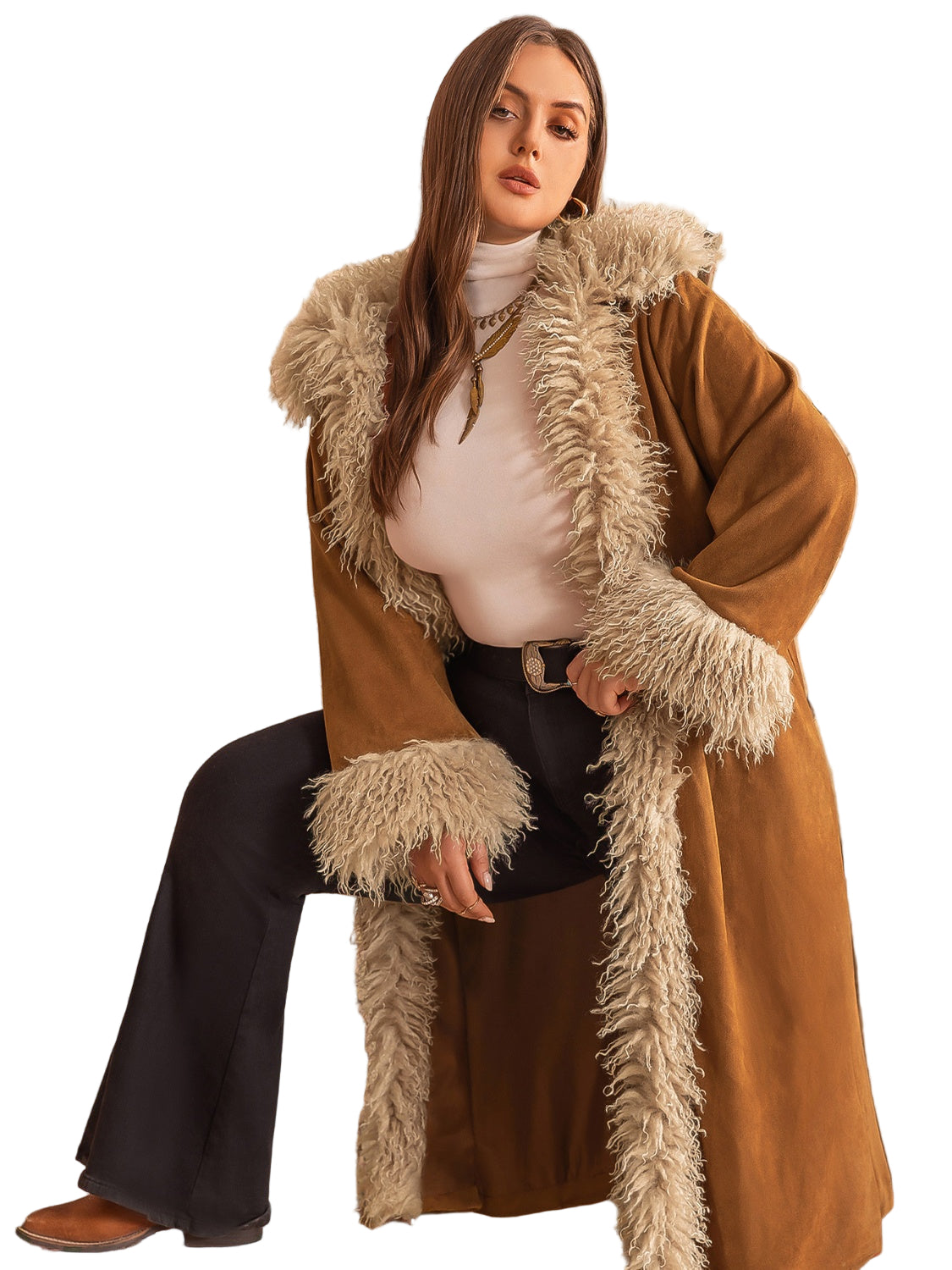 Plus Size Furry Trim Open Front Long Sleeve Coat