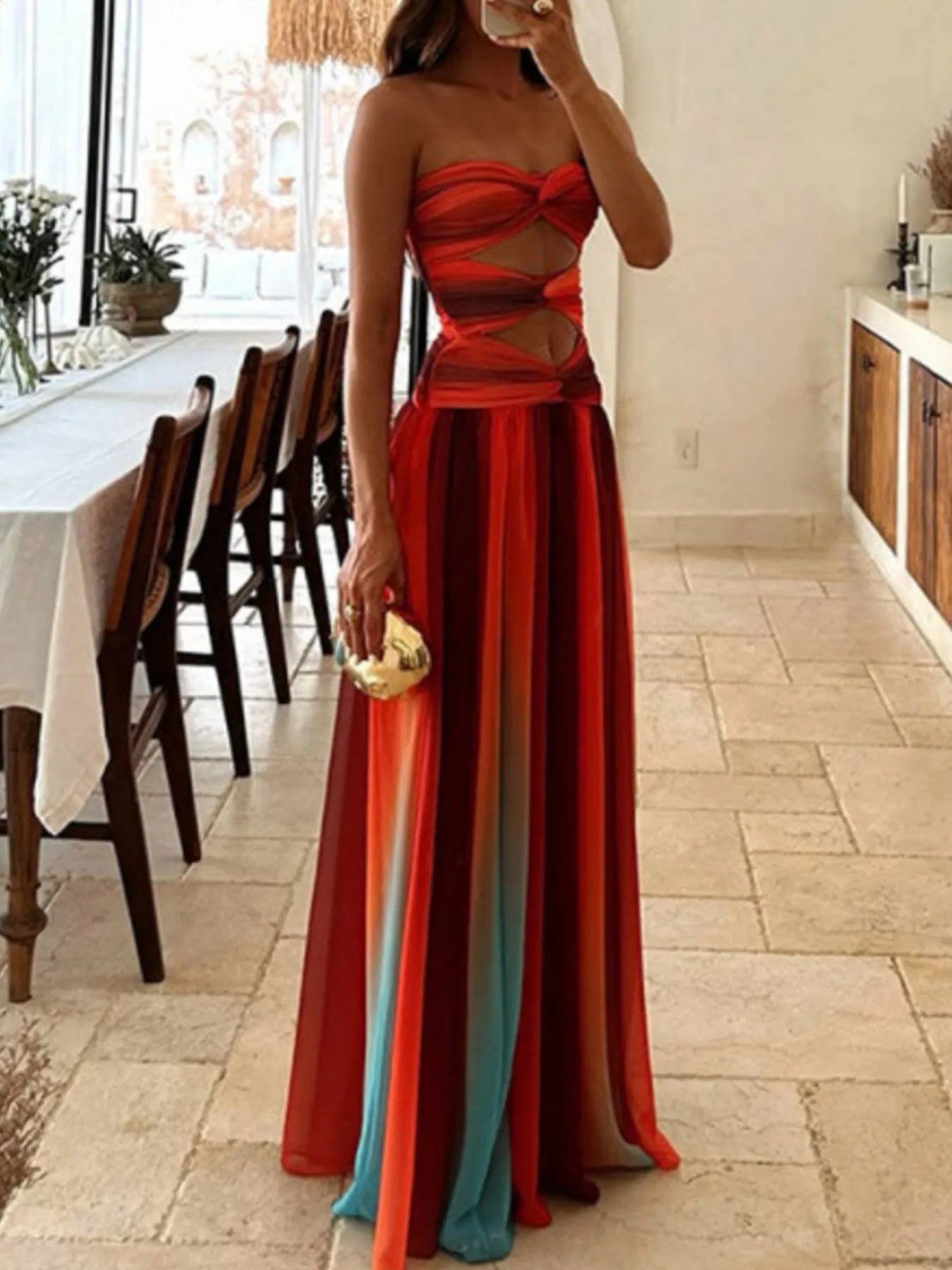 Strapless Cut-Out Rainbow Gradient Maxi Dress