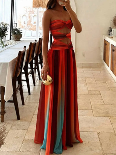 Strapless Cut-Out Rainbow Gradient Maxi Dress