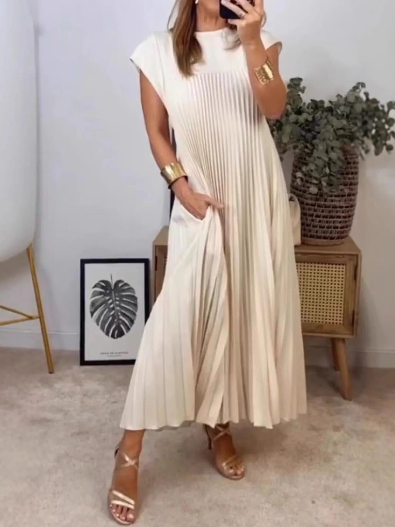 Full Size Pleated Round Neck Maxi Dress Plus Size