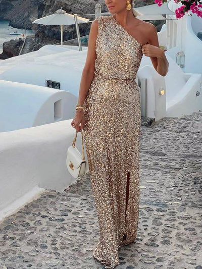 Sequin One-Shoulder Slit Maxi Dress