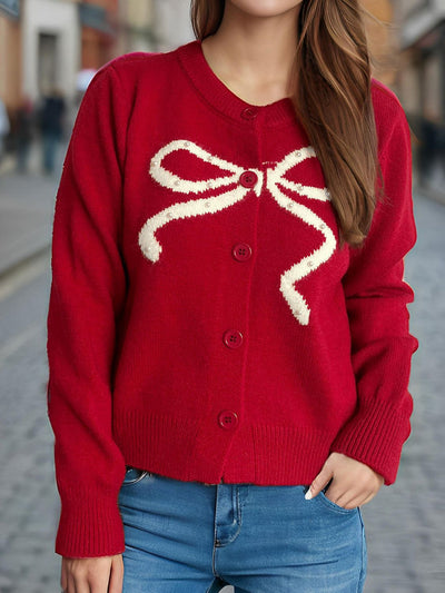 Chic Bow Button Cardigan with Stylish Round Neck Design