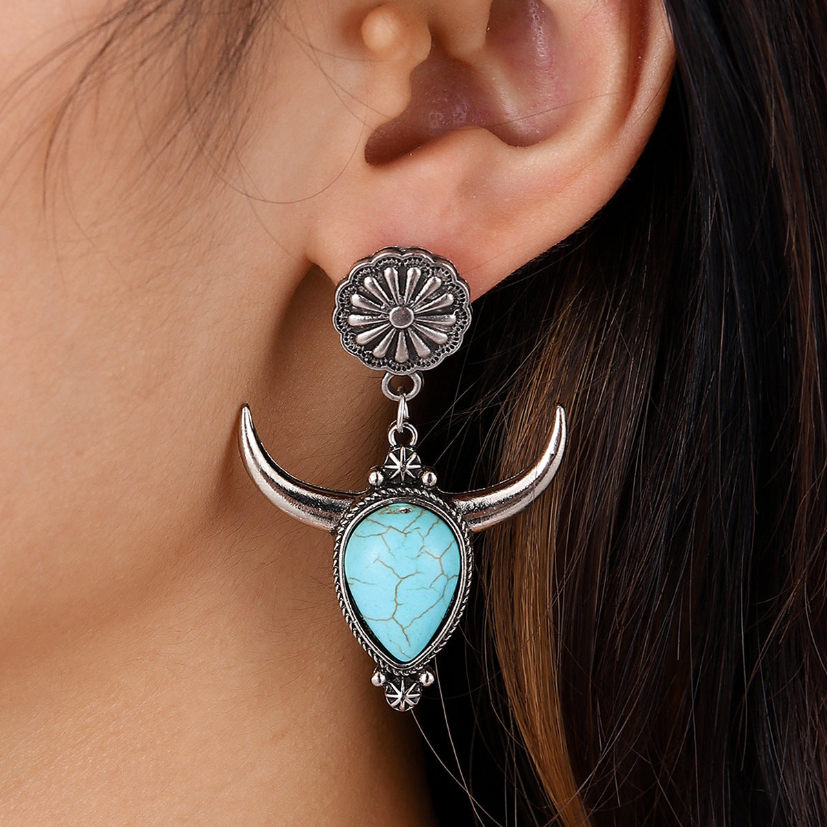 Turquoise Cow Head Earrings with Floral Boho Chic Design