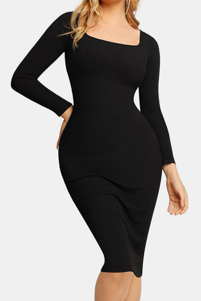 Sleek Black Long Sleeve Dress with Built-In Shapewear Elegance