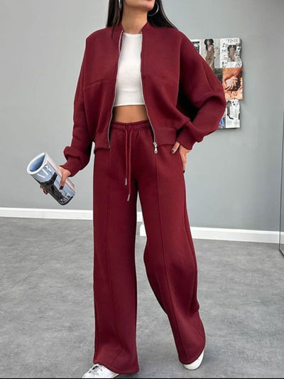 Casual Baseball Collar Zip Top & Drawstring Pants Set