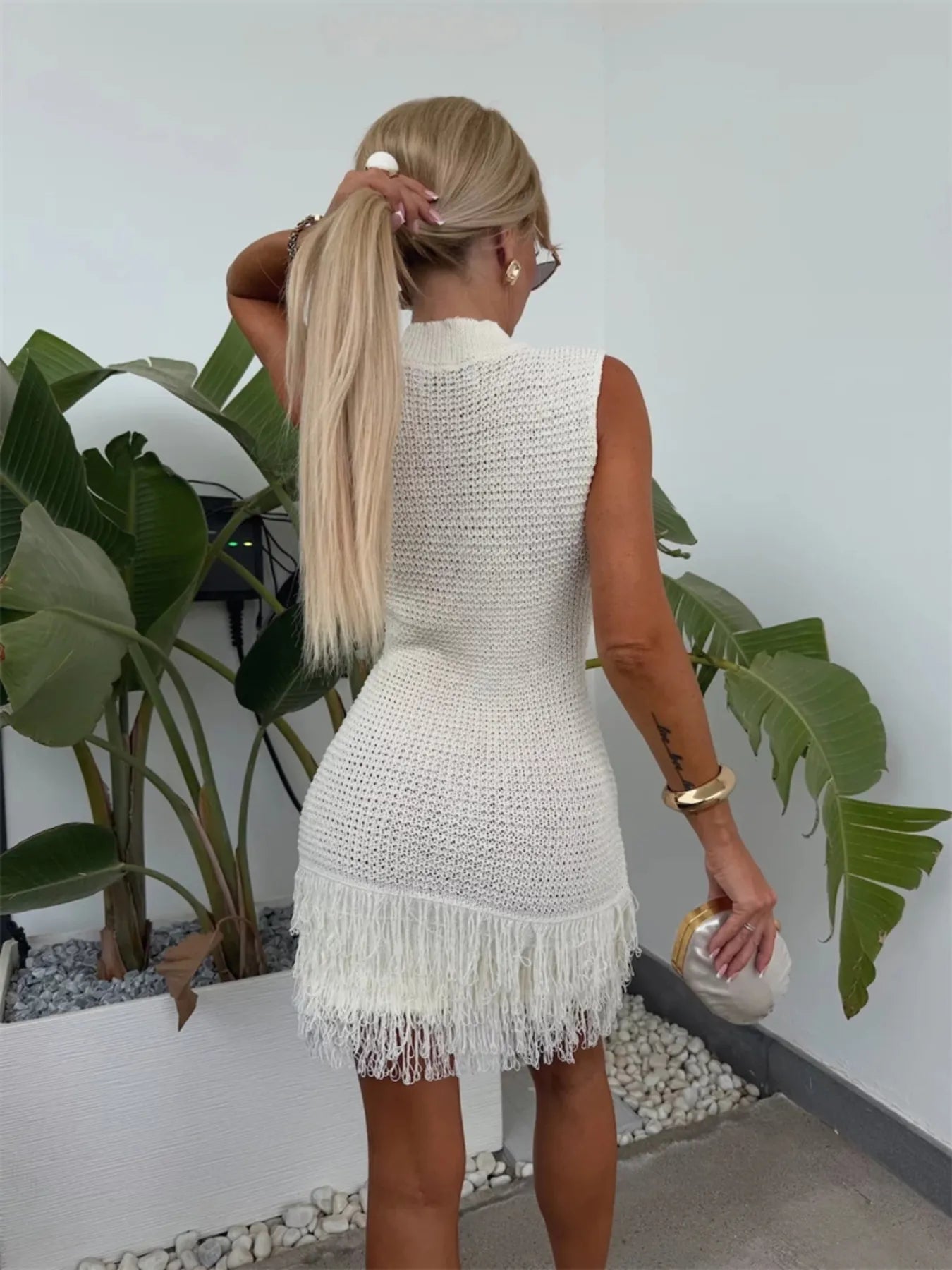 Fringe Round Neck Sweater Dress
