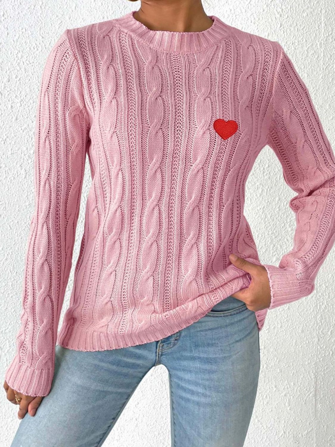 Cozy Cable-Knit Heart Sweater in Soft Pink with Long Sleeves