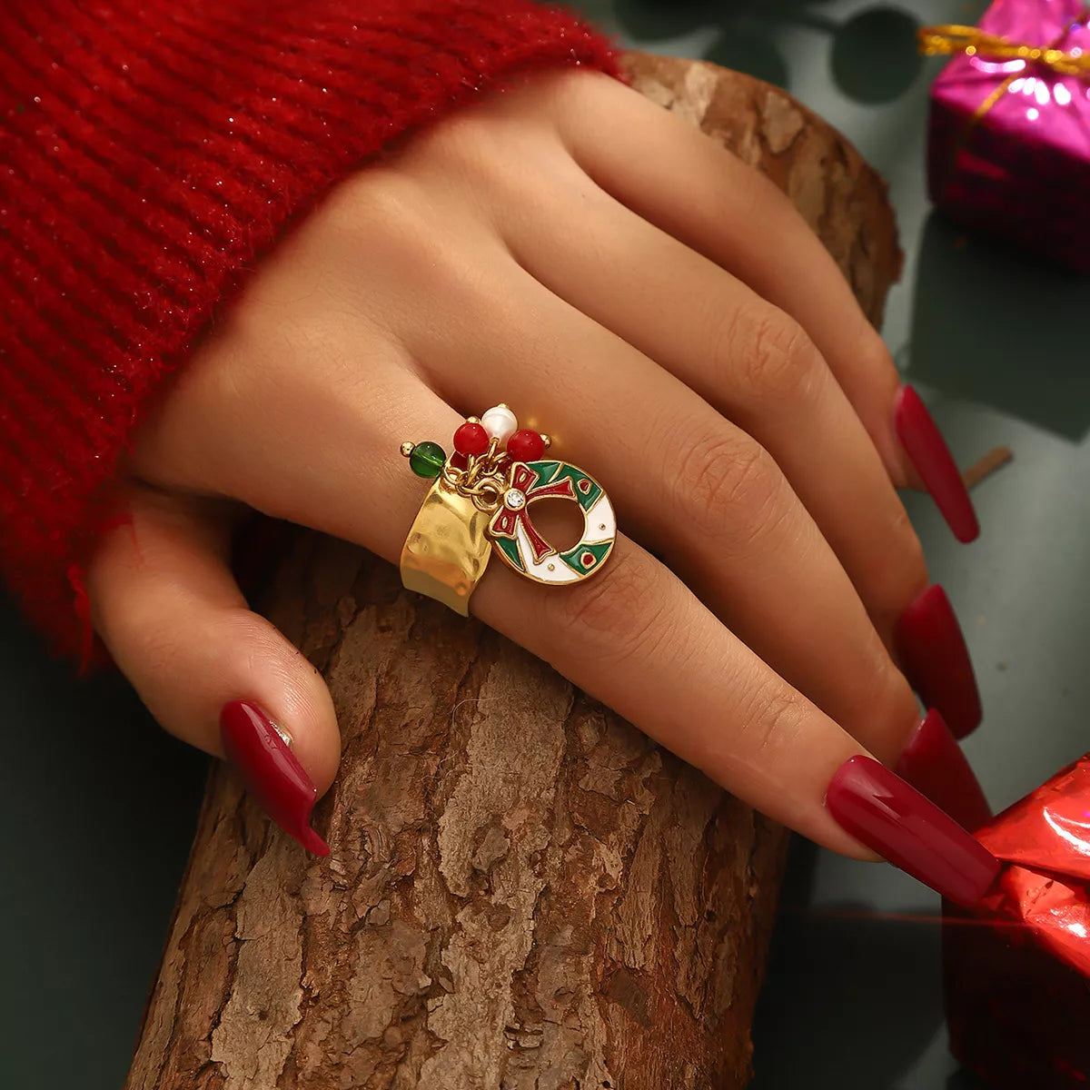 18K Gold-Plated Christmas Charm Ring