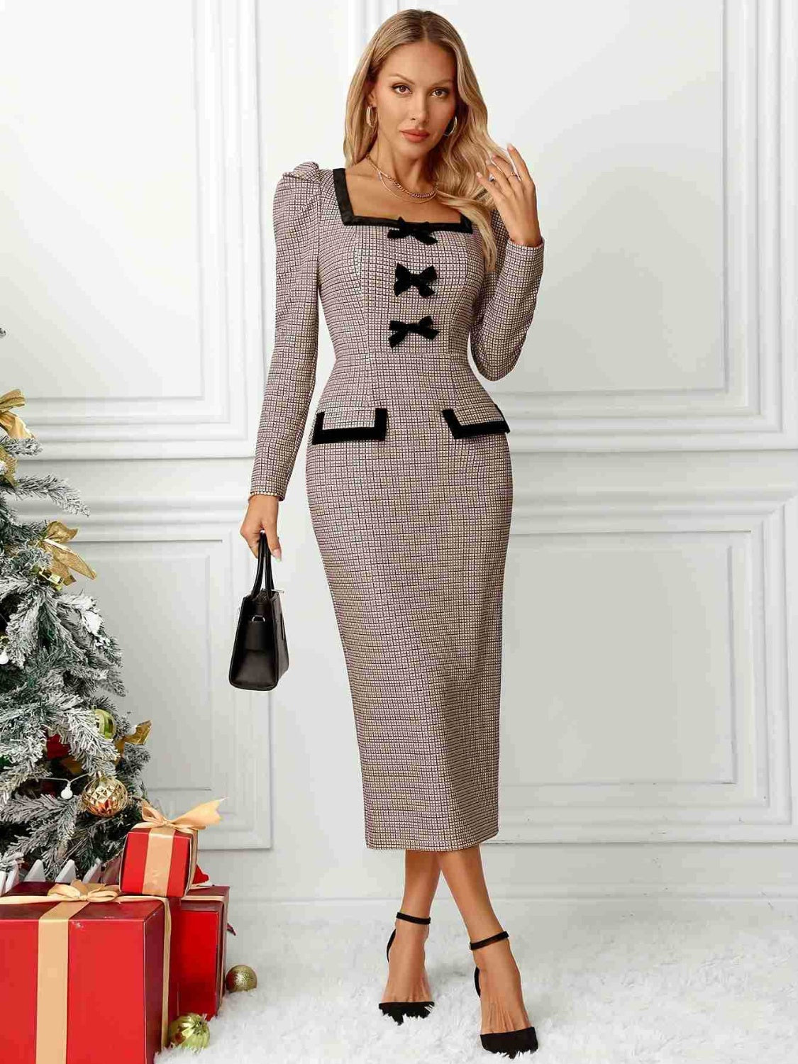 Chic Bow Plaid Puff Sleeve Dress with Square Neck Elegance