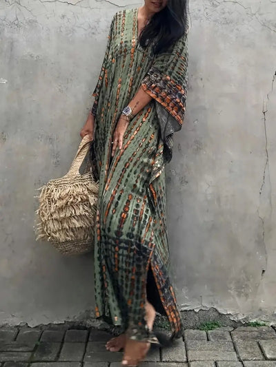 Tie-Dye V-Neck Maxi Dress with Flowy Sleeves