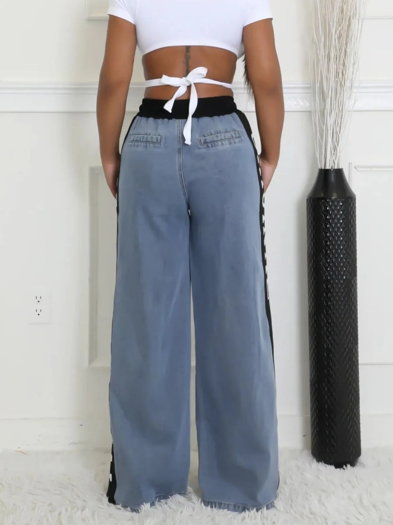 High Waist Wide Leg Denim Jeans with Side Letter Print