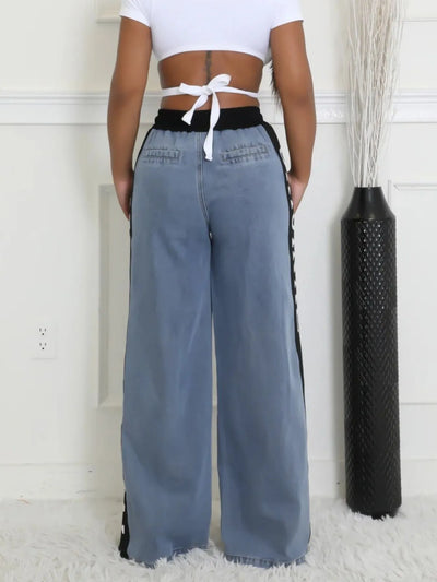 High Waist Wide Leg Denim Jeans with Side Letter Print