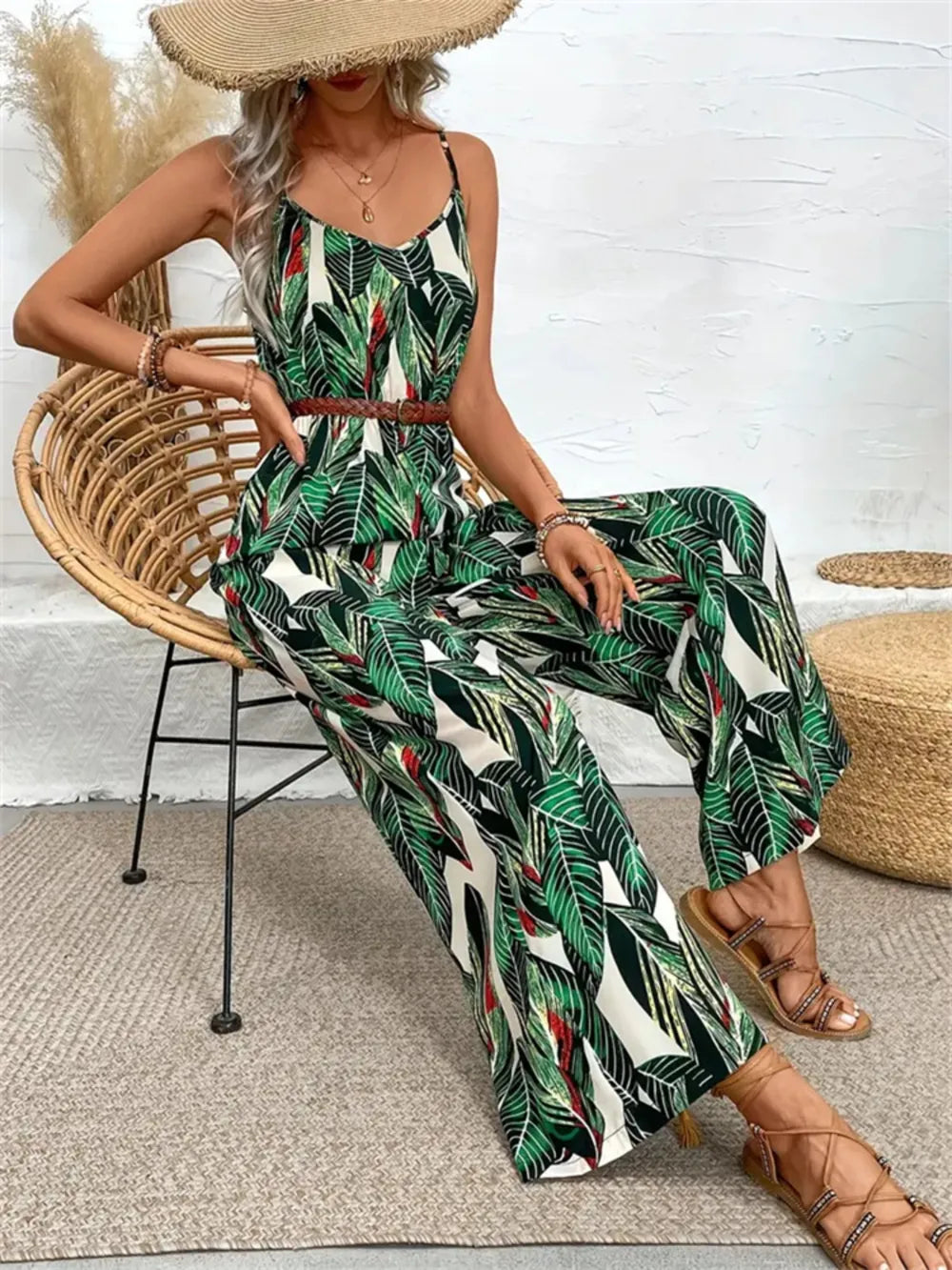 Tropical Print Spaghetti Strap Wide Leg Jumpsuit