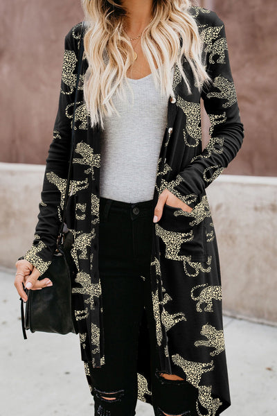 Stylish Animal Pattern Ribbed Long Sleeve Cardigan