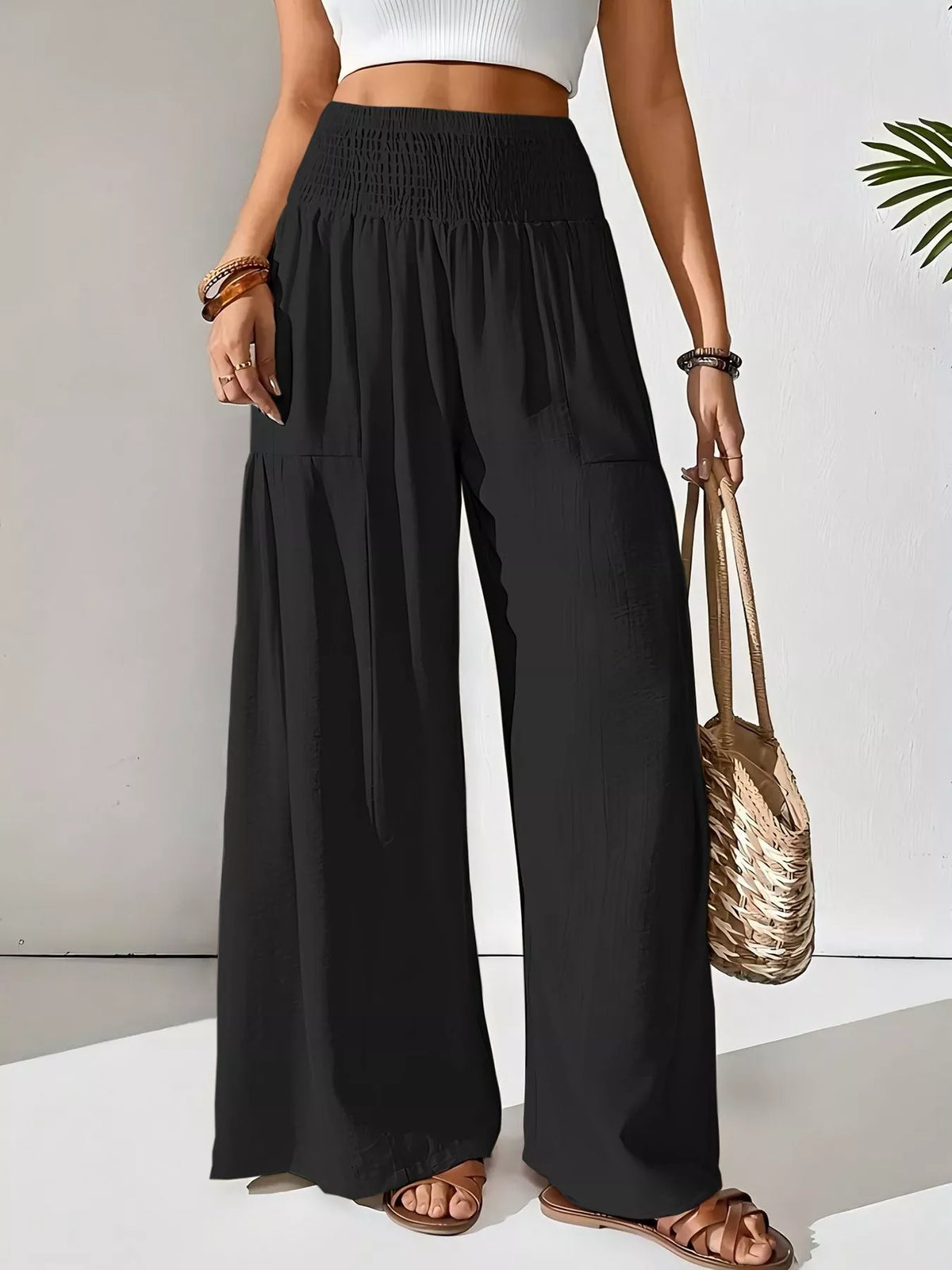 Smocked Waist Wide Leg Pants