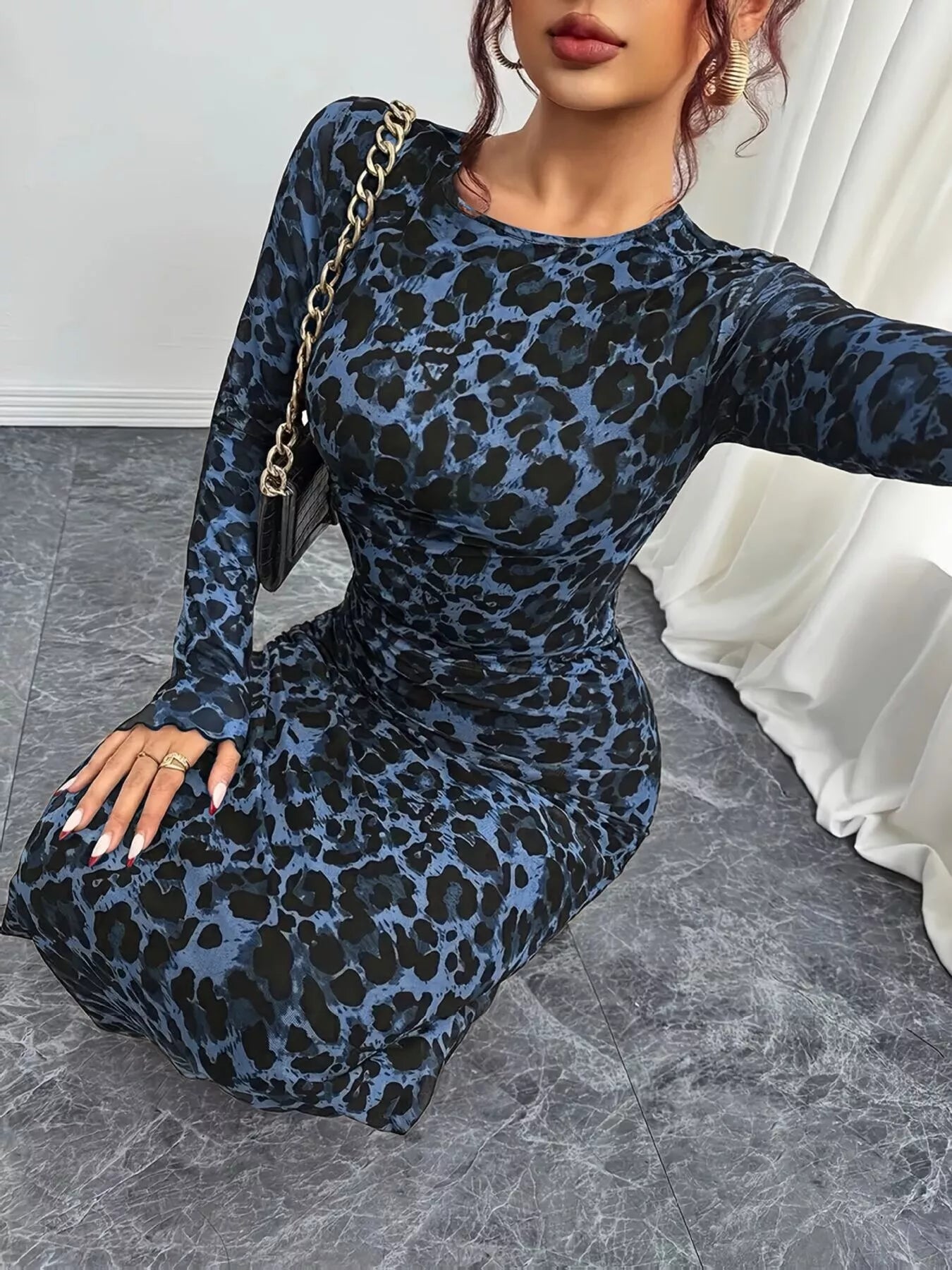 Leopard Print Long Sleeve Maxi Dress
