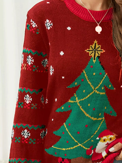 Christmas Tree Santa Round Neck Sweater