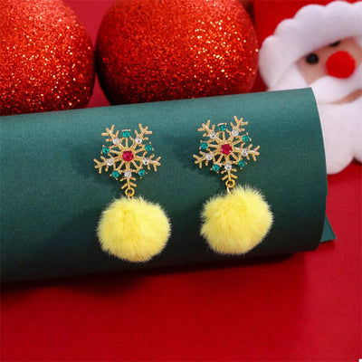 Christmas Snowflake Pom Pom Drop Earrings